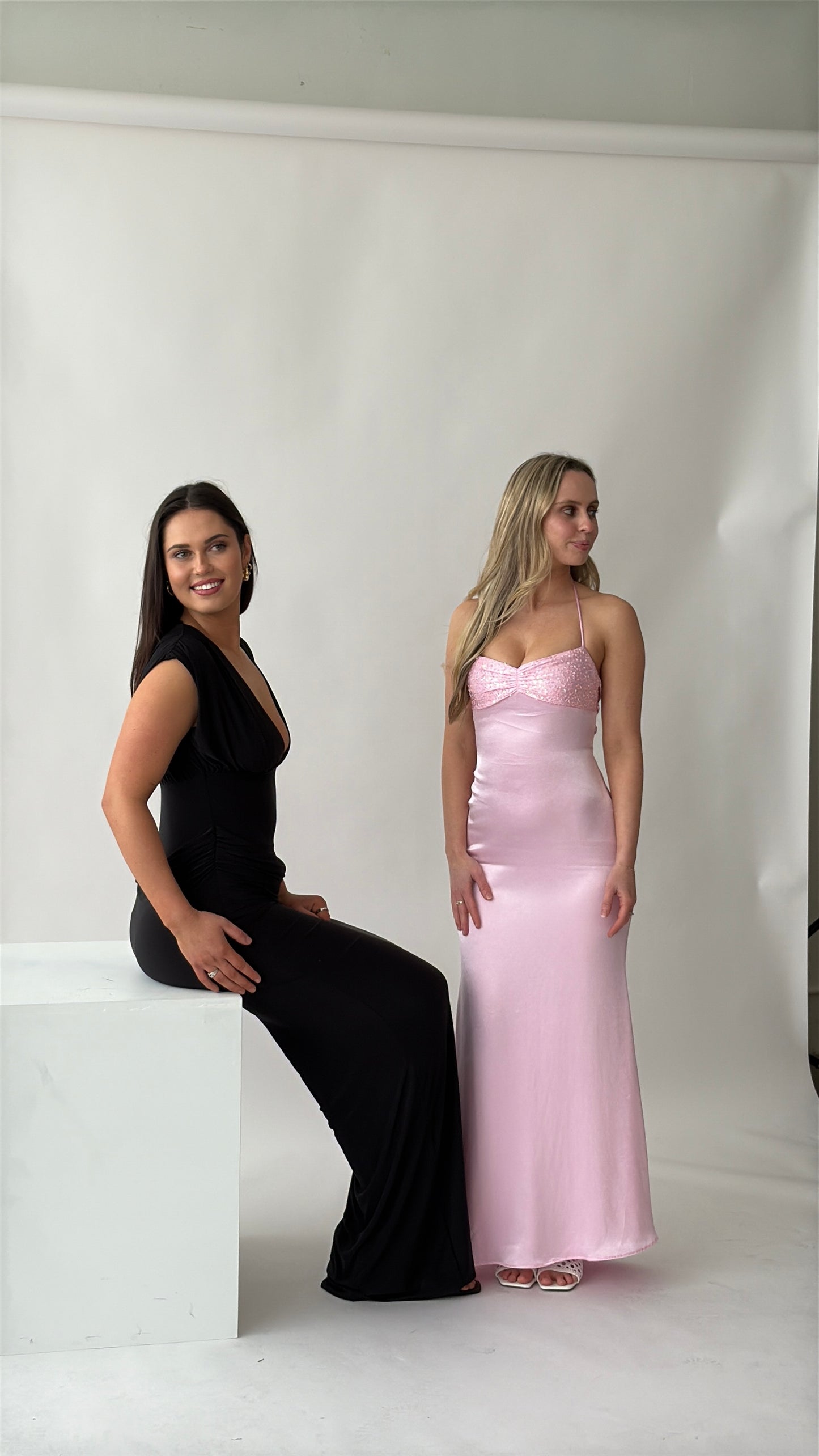 Black Double Layer Plunge Ruched Shoulder Drape Waist Maxi Dress