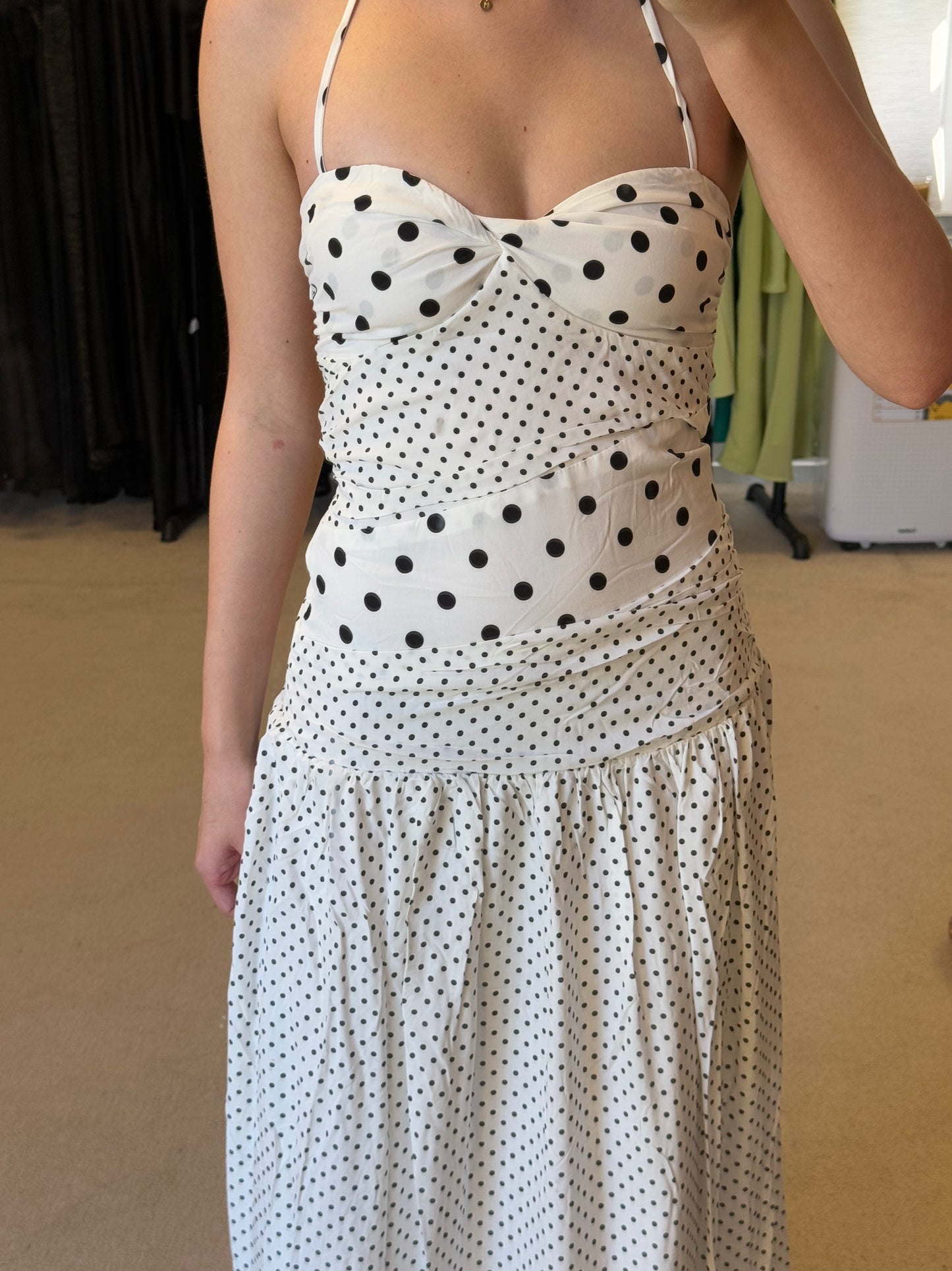 MARGUERITE HALTER MAXI DRESS WHITE POLKA