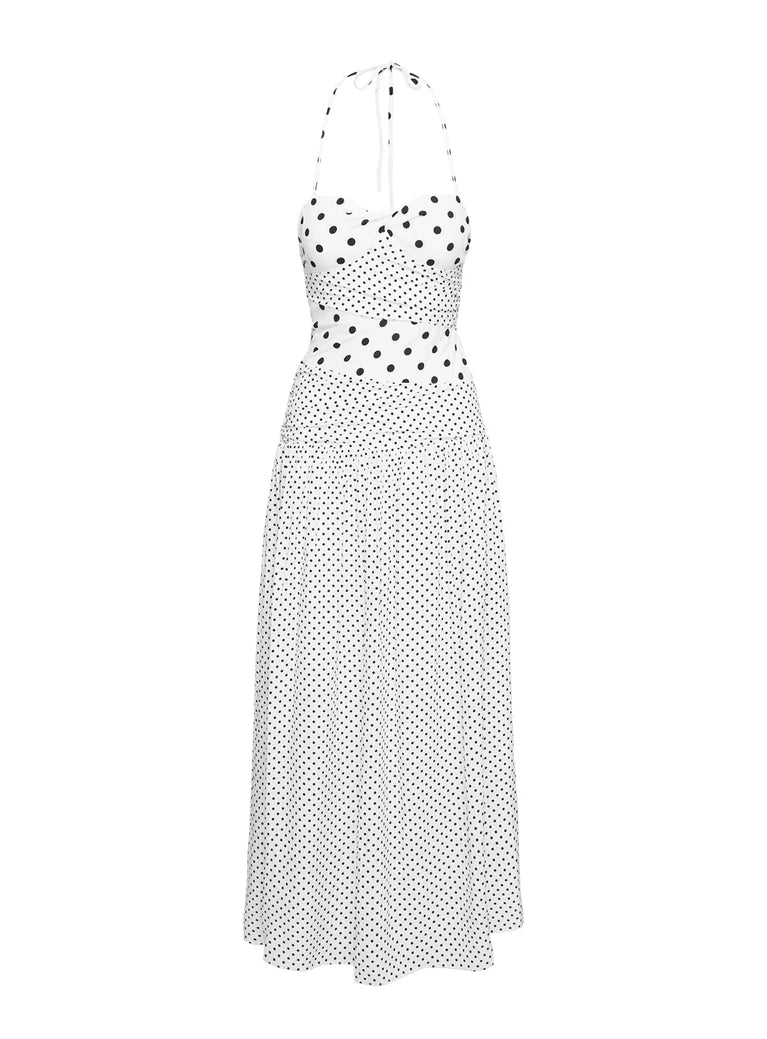 MARGUERITE HALTER MAXI DRESS WHITE POLKA