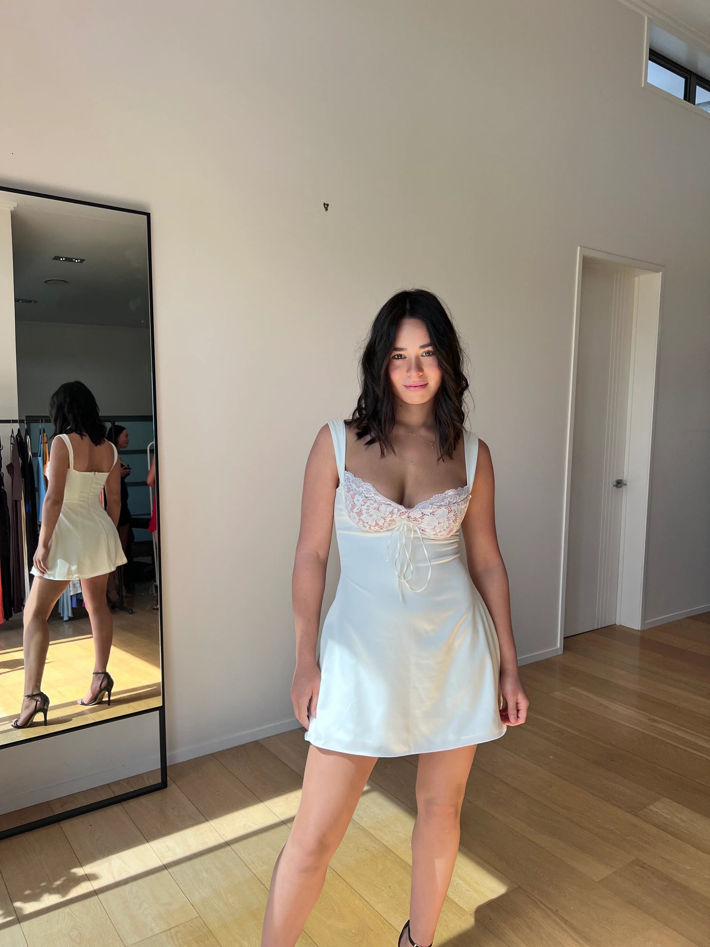 For sale ADRIANA IVORY SATIN AND LACE MINI DRESS