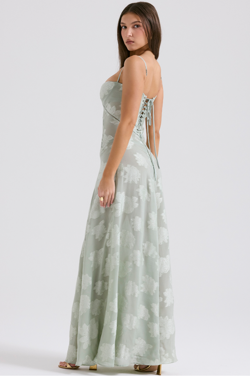 SEREN PISTACHIO FLORAL LACE BACK MAXI DRESS
