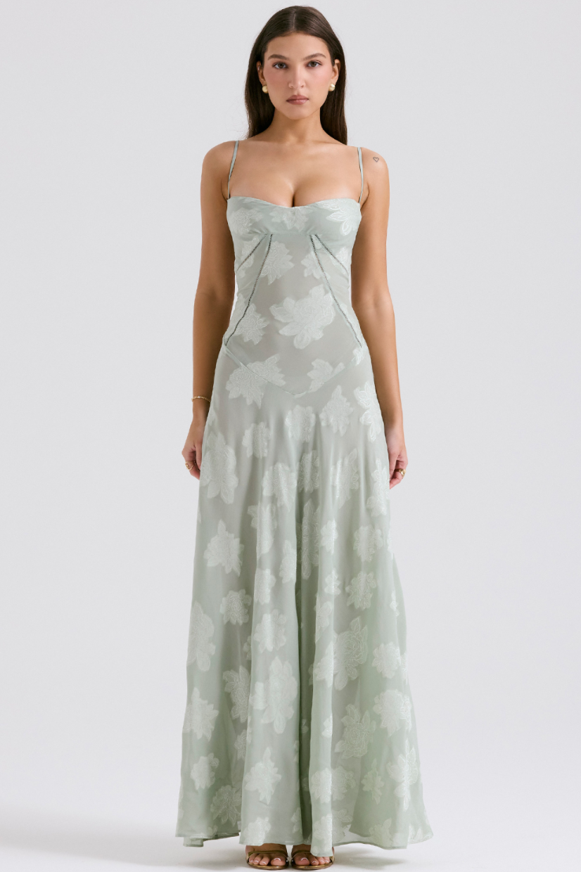 SEREN PISTACHIO FLORAL LACE BACK MAXI DRESS