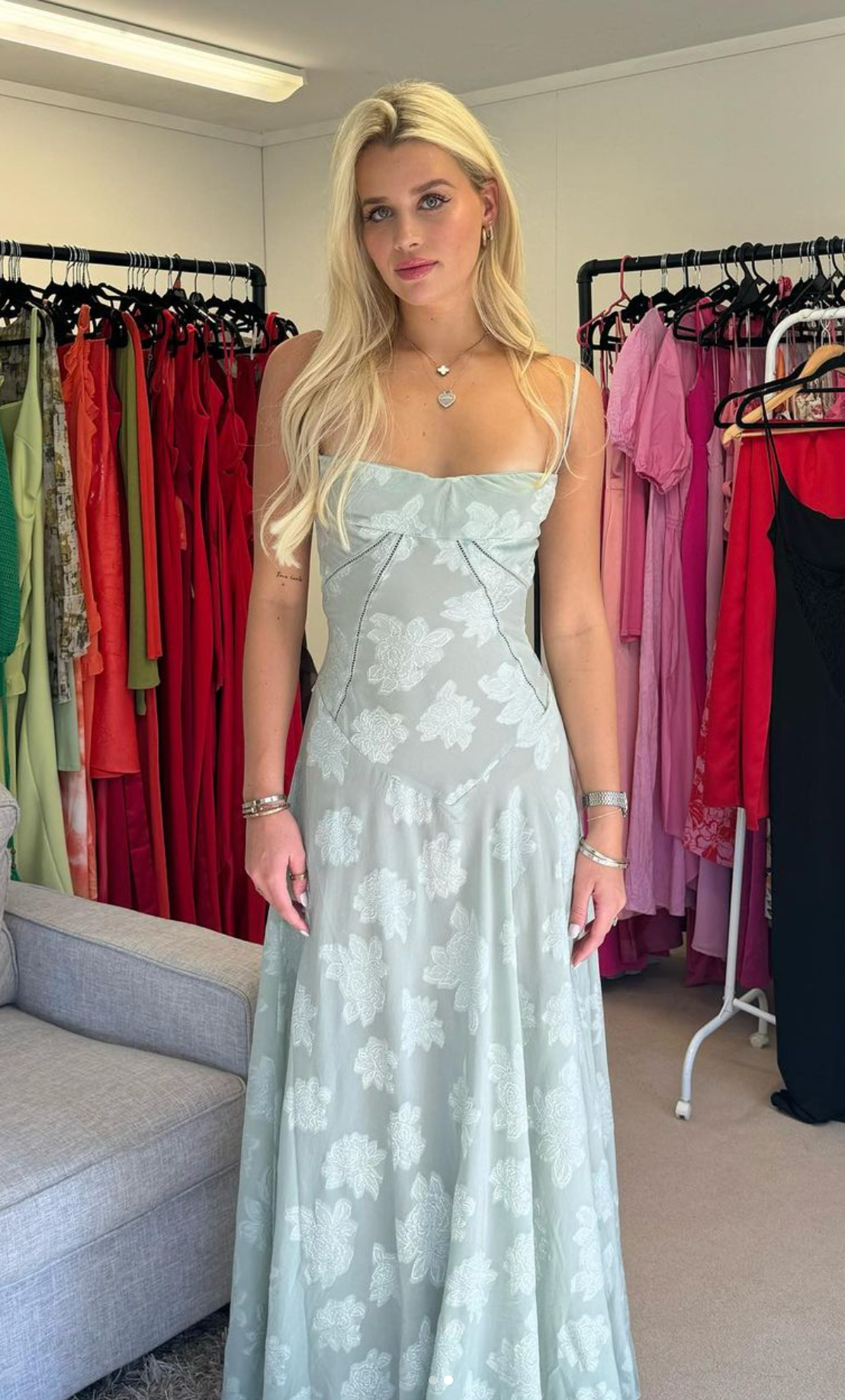 SEREN PISTACHIO FLORAL LACE BACK MAXI DRESS