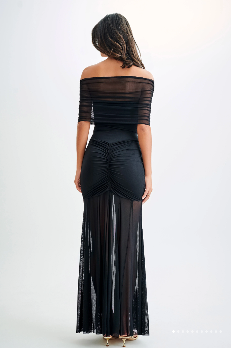 Caspian Slinky And Mesh Off Shoulder Maxi Dress - Black