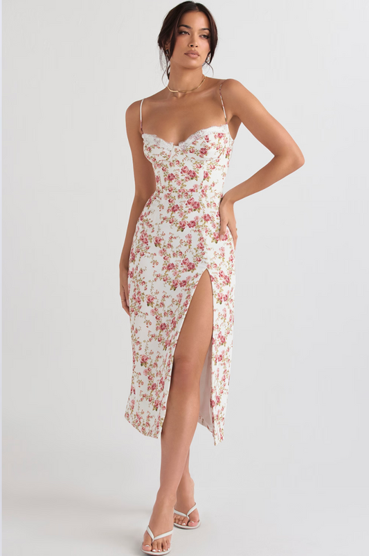 CHARLOTTE ROSE PRINT CORSET MIDI SUNDRESS