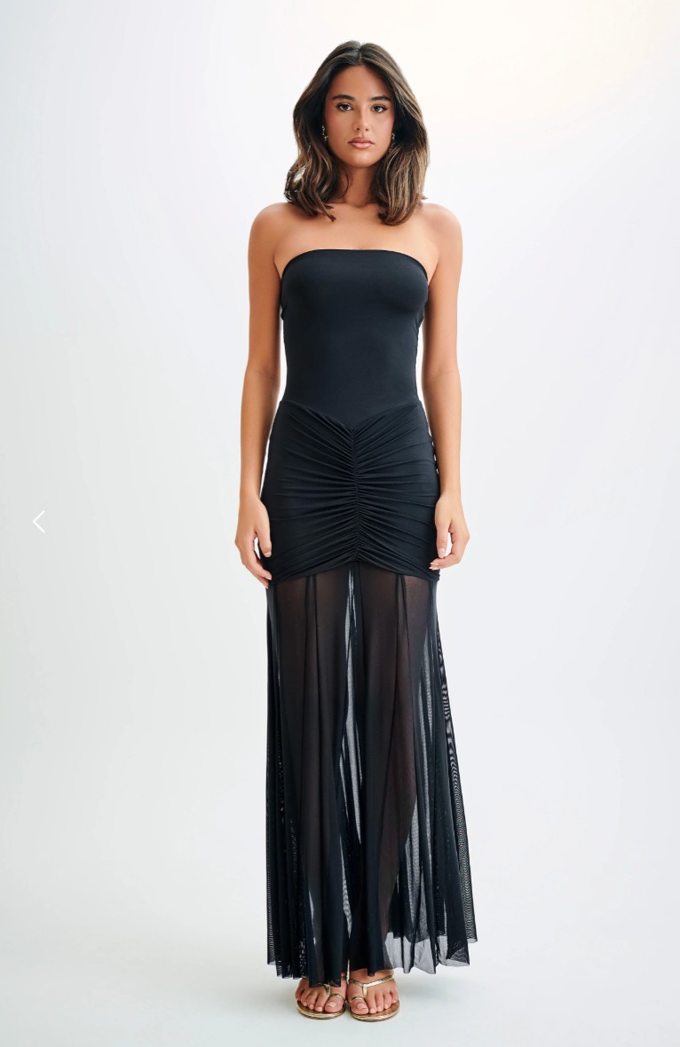 Caspian Slinky And Mesh Off Shoulder Maxi Dress - Black