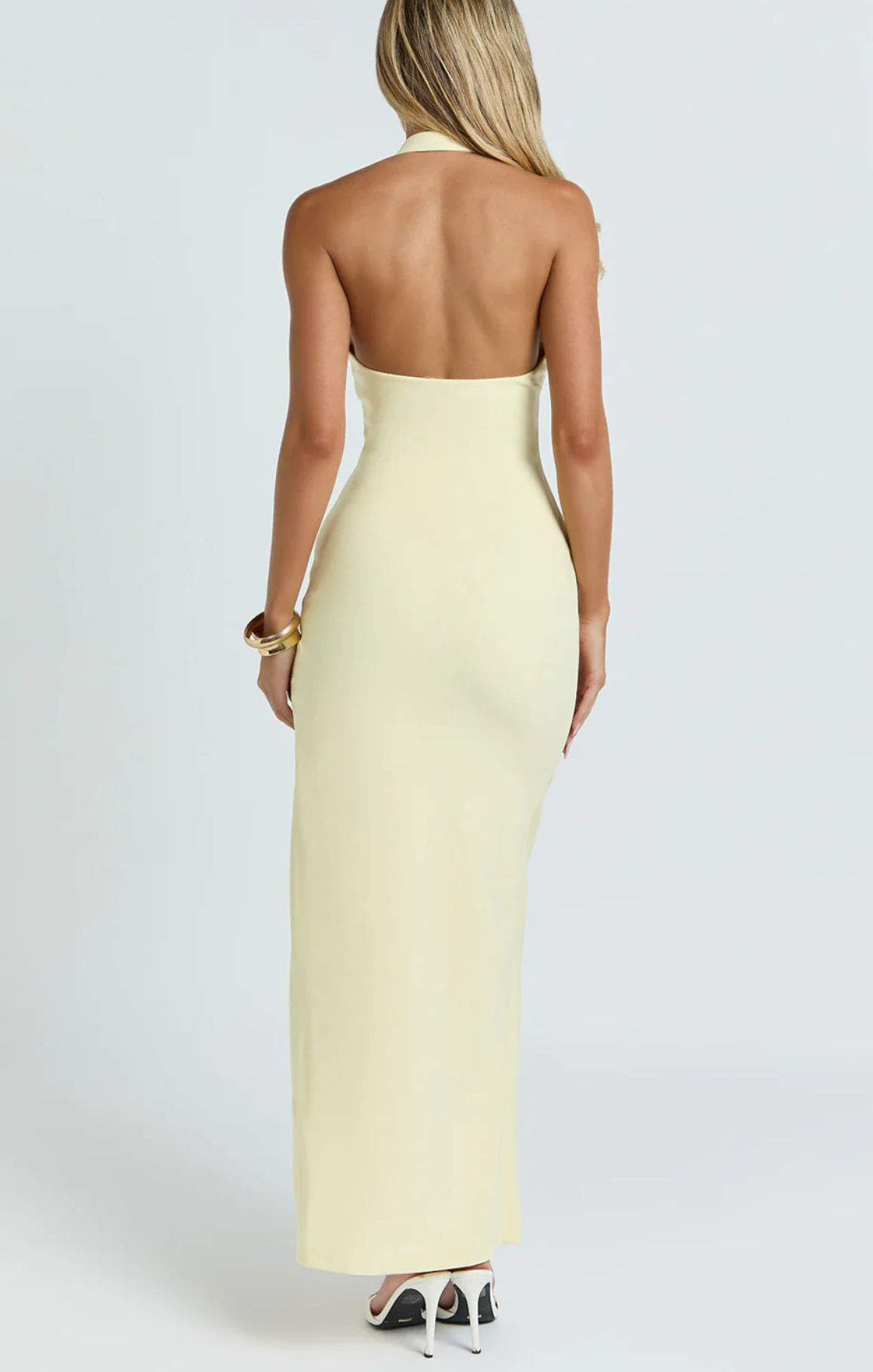 Ruby Maxi Dress - Halter Scoop Neck Low Back Bodycon Dress in Lemon