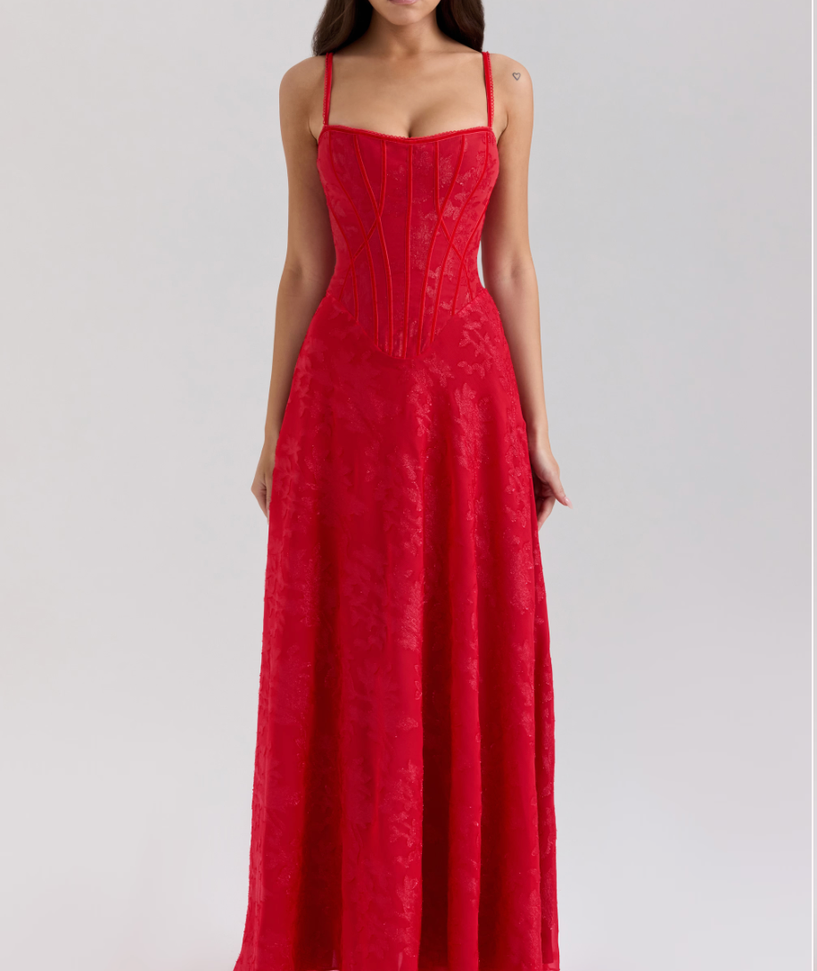 ESME Red Lurex Chiffon Maxi Dress