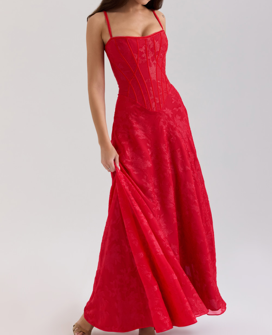 ESME Red Lurex Chiffon Maxi Dress