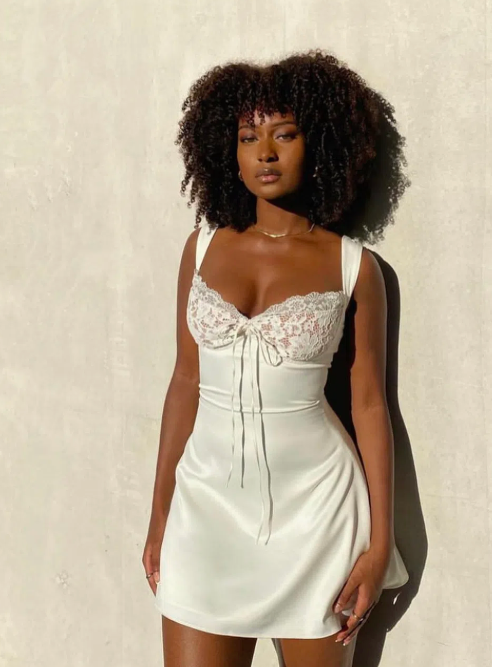 ADRIANA IVORY SATIN AND LACE MINI DRESS