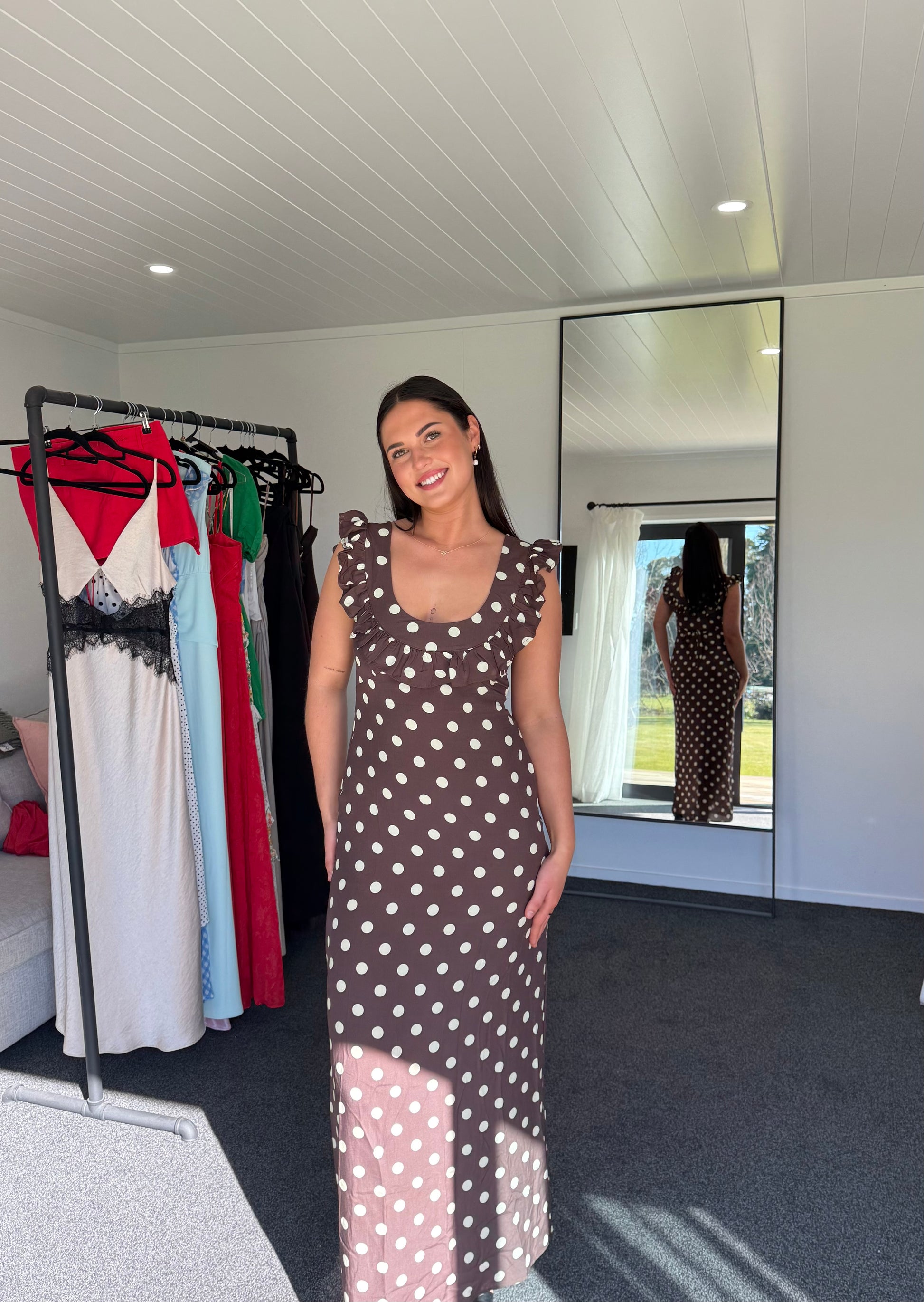 LUNA DRESS WITH POLKA DOTS - BROWN/YELLOW Dress Rentals by Neish LUNA DRESS WITH POLKA DOTS - BROWN/YELLOW Dress Rentals by Neish