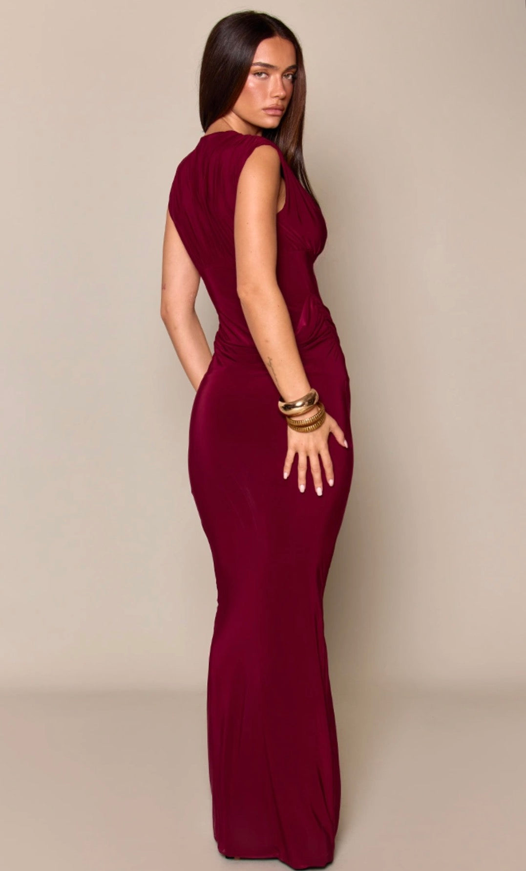 Ruched Shoulder Drape Waist Maxi Dress in Wine