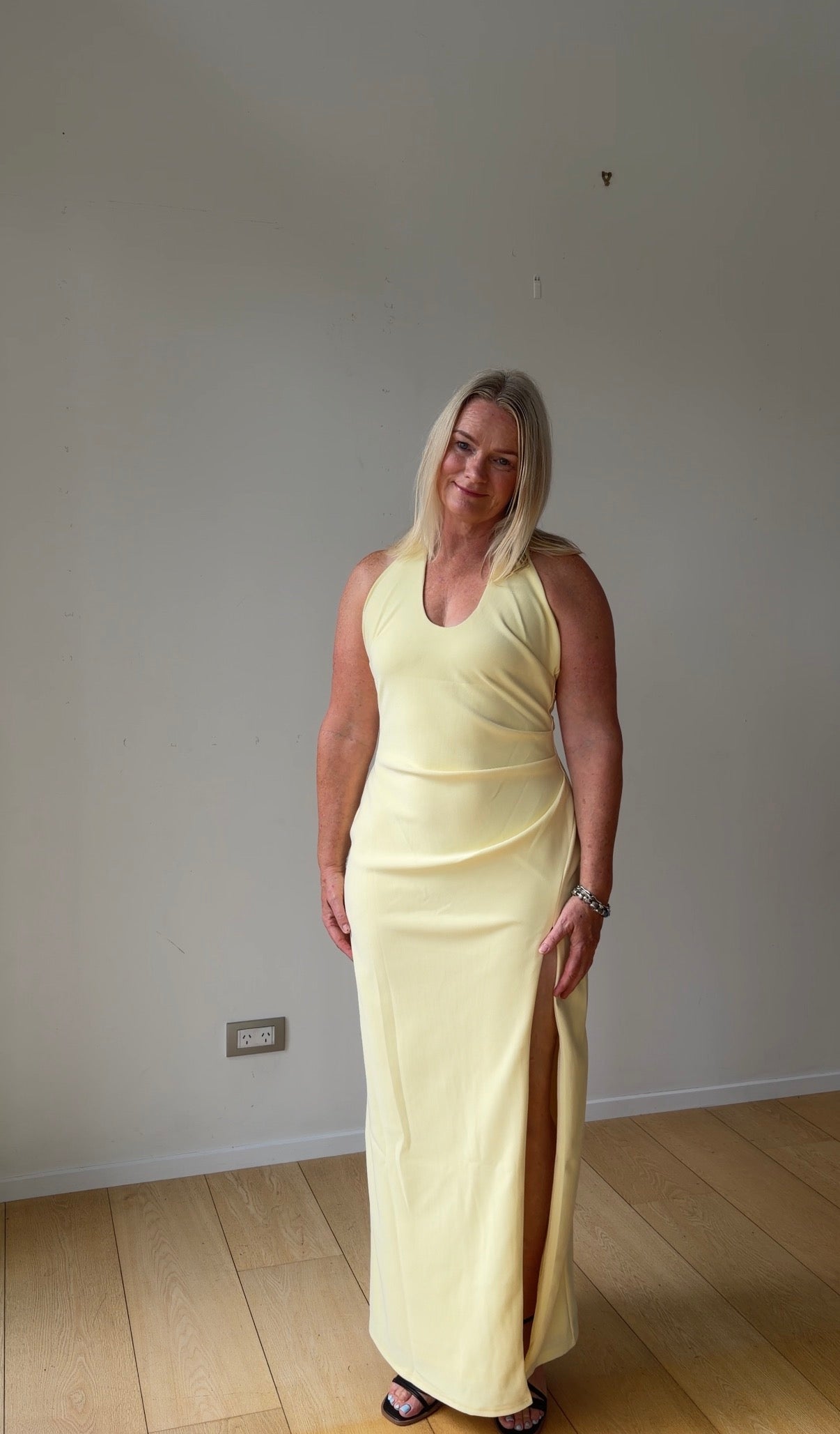 Ruby Maxi Dress - Halter Scoop Neck Low Back Bodycon Dress in Lemon