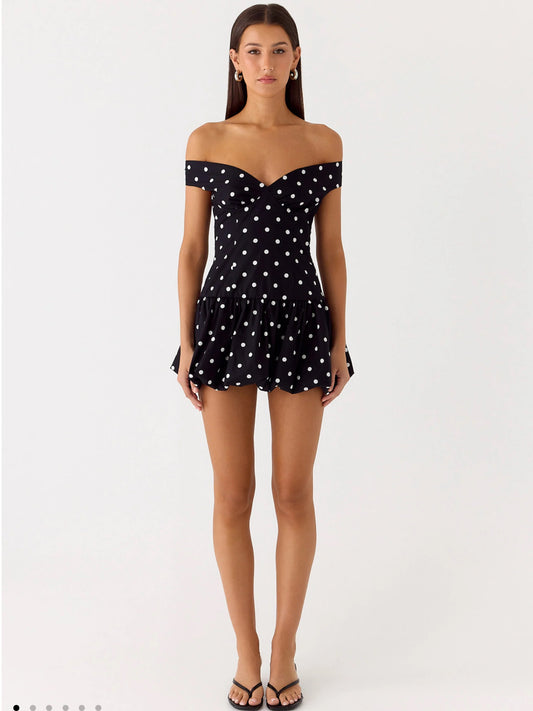 Endless Romance Off Shoulder Mini Dress - Black Polkadot