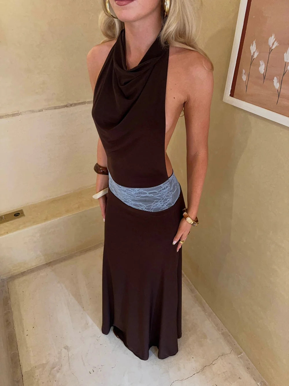 SKYLA MAXI DRESS WITH OPEN BACK - BROWN/BLUE
