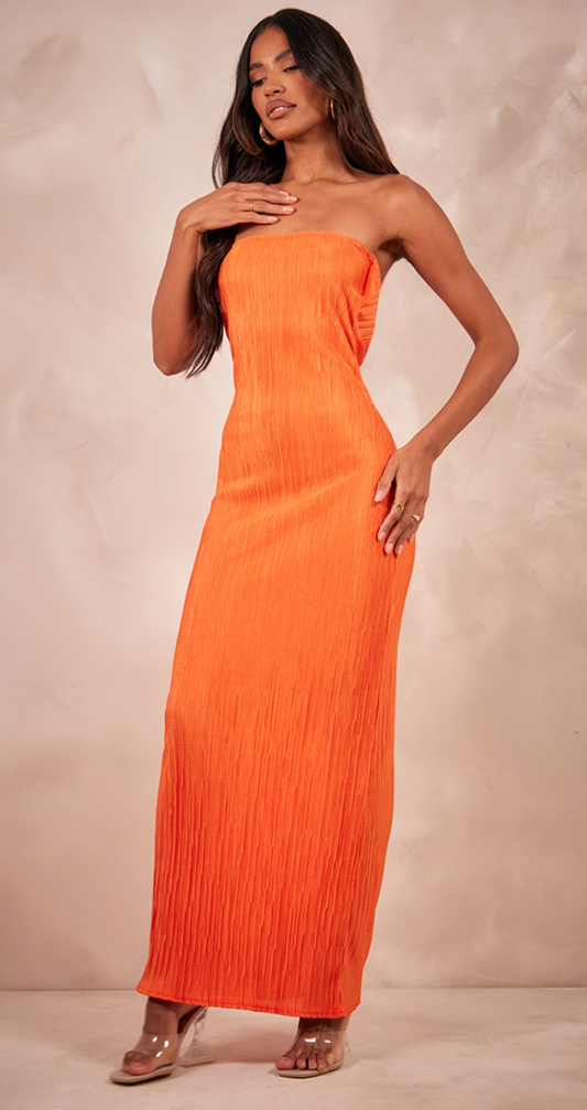 Orange Plisse Bandeau Cowl Back Maxi Dress