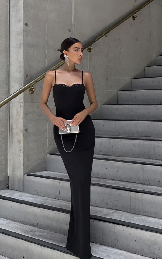 Amorette Lace Trim Maxi Dress - Black NWT