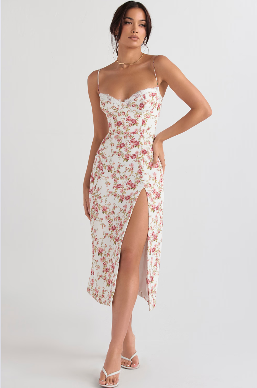 1. CHARLOTTE ROSE PRINT CORSET MIDI SUNDRESS