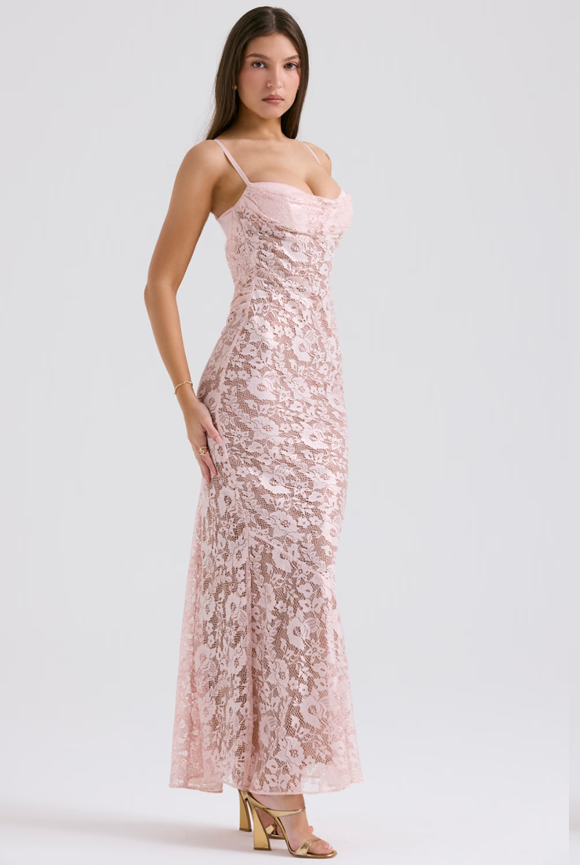 AZZURRA ROSE PINK LACE GODET GOWN