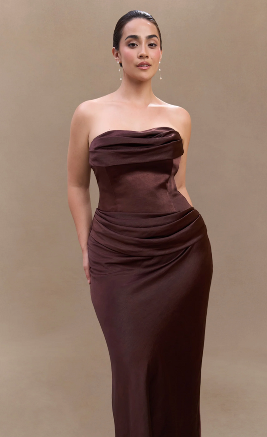 Jasmine Strapless Satin Maxi Dress - Dark Chocolate
