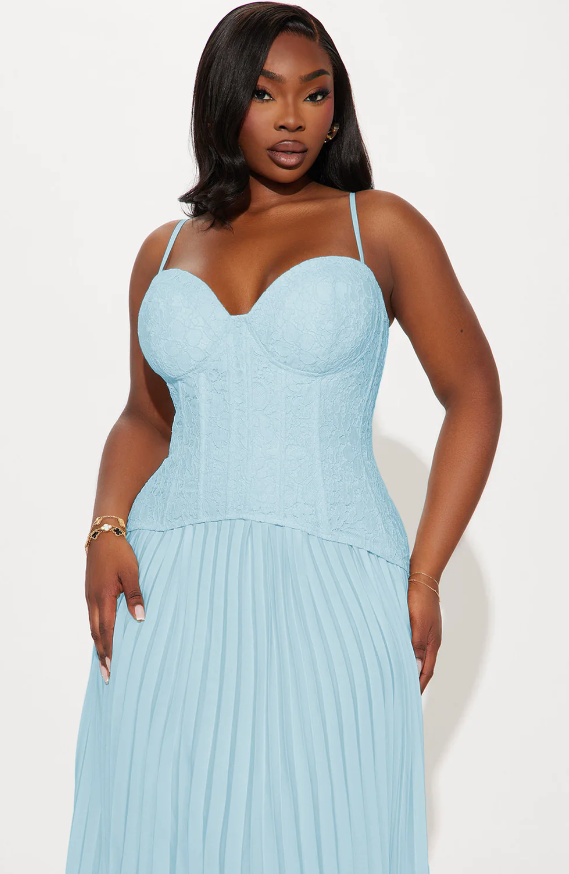 Daniella Lace Corset Pleated Dress - Light Blue