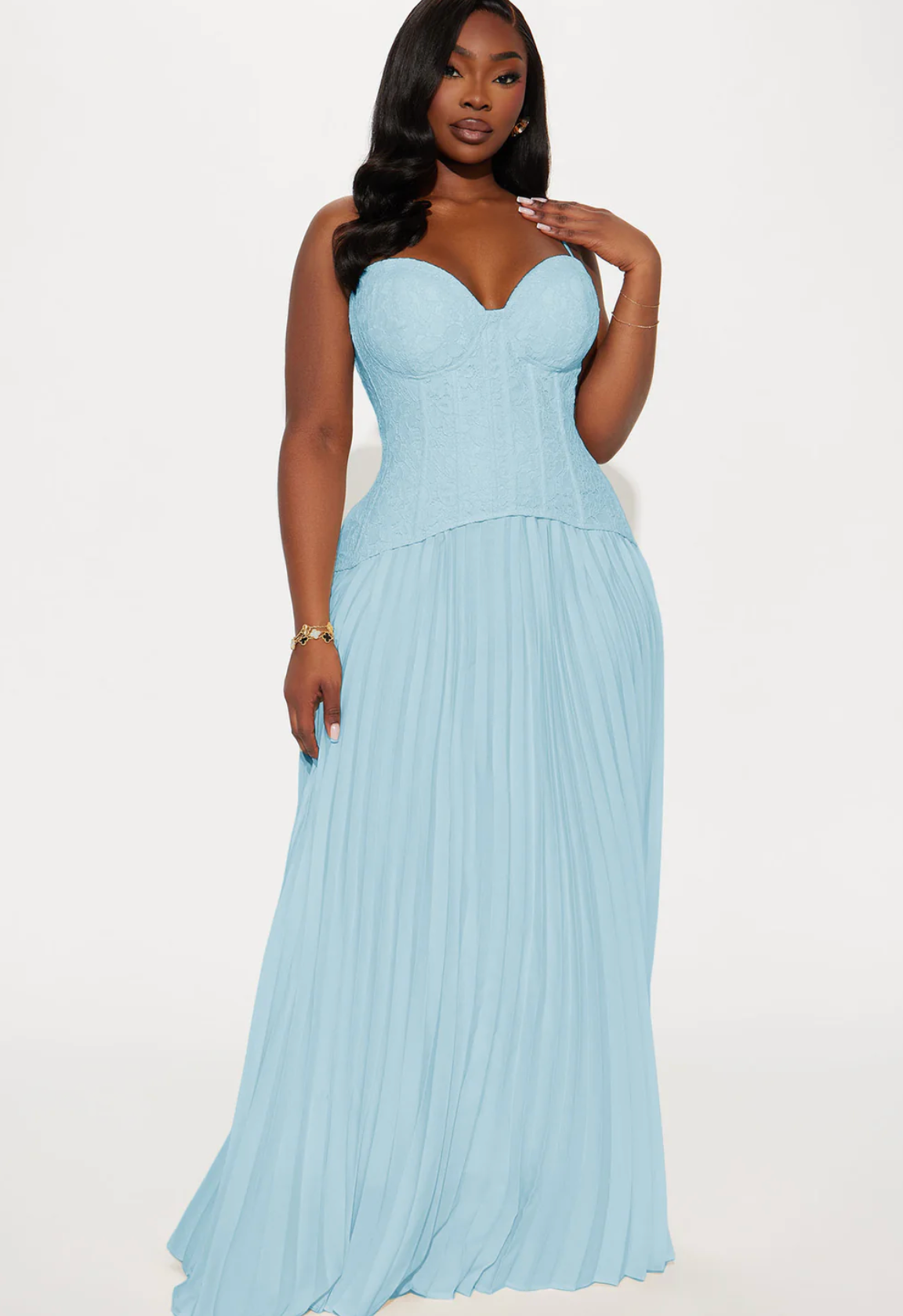 Daniella Lace Corset Pleated Dress - Light Blue