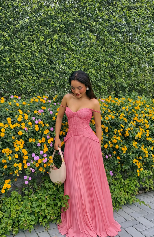 Daniella Lace Corset Pleated Dress - Pink