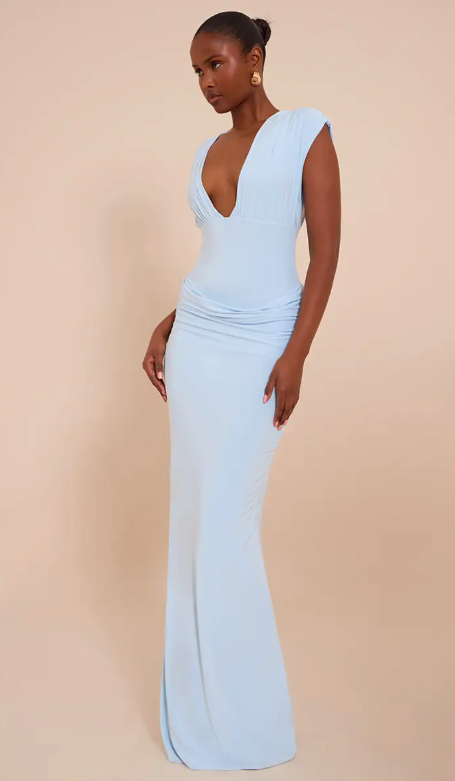 Ruched Shoulder Drape Waist Maxi Dress in Sky blue