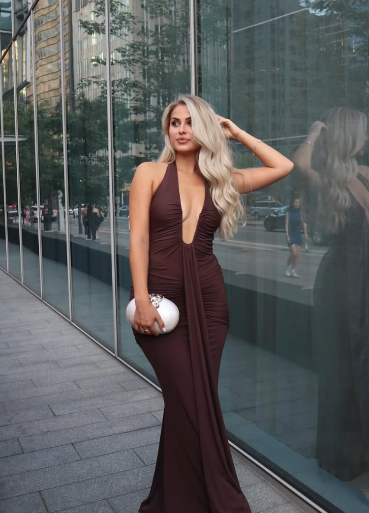 plum brown dress Double the impact. The BRUNA Maxi Dress and ROMILLY Gown in Plum Brown sculpted draping, statement splits and silhouettes that own the room.