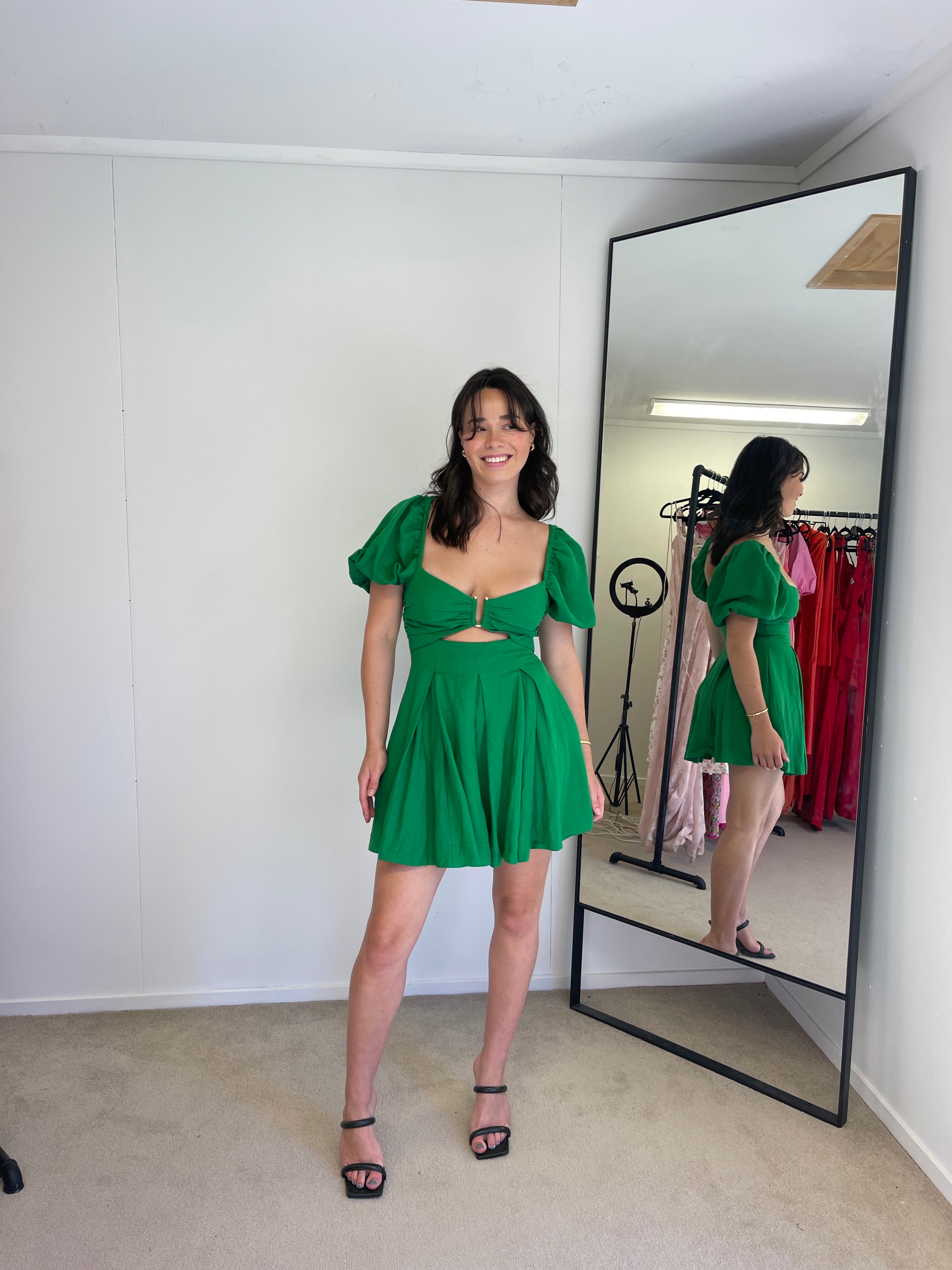 MARE LINEN SHORT SLEEVE CUT OUT MINI DRESS TREE GREEN Dress