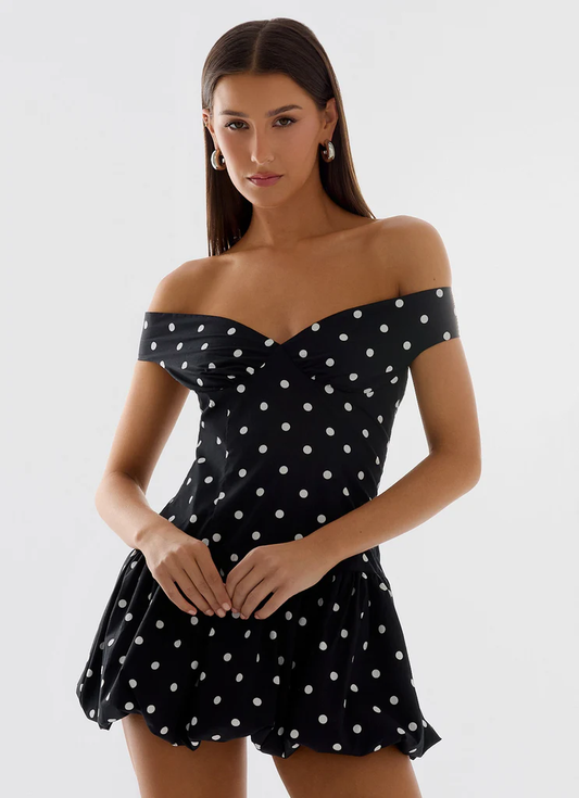 Endless Romance Off Shoulder Mini Dress - Black Polkadot